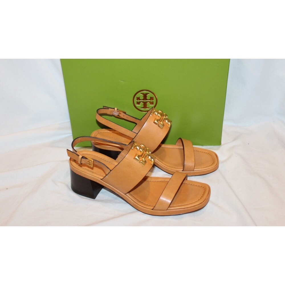Tory Burch Women Vanchetta Leather Eleanor Block Heel Sandals Tan Gold 8 $375